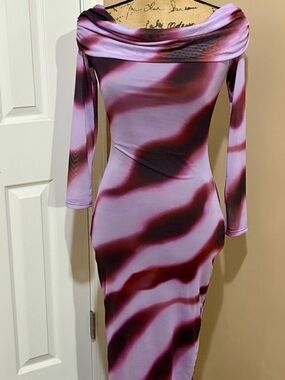 NWT Fashion Nova Off-Shoulder Lilac and Burgundy Bodycon Dress - S